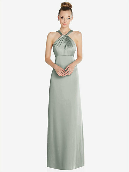 【STYLE: 6855】Draped Twist Halter Low-Back Satin Empire Dress【COLOR: Willow Green】