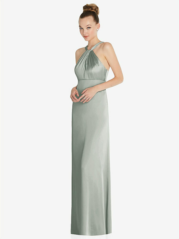 【STYLE: 6855】Draped Twist Halter Low-Back Satin Empire Dress【COLOR: Willow Green】