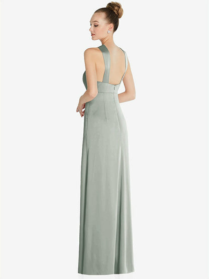 【STYLE: 6855】Draped Twist Halter Low-Back Satin Empire Dress【COLOR: Willow Green】