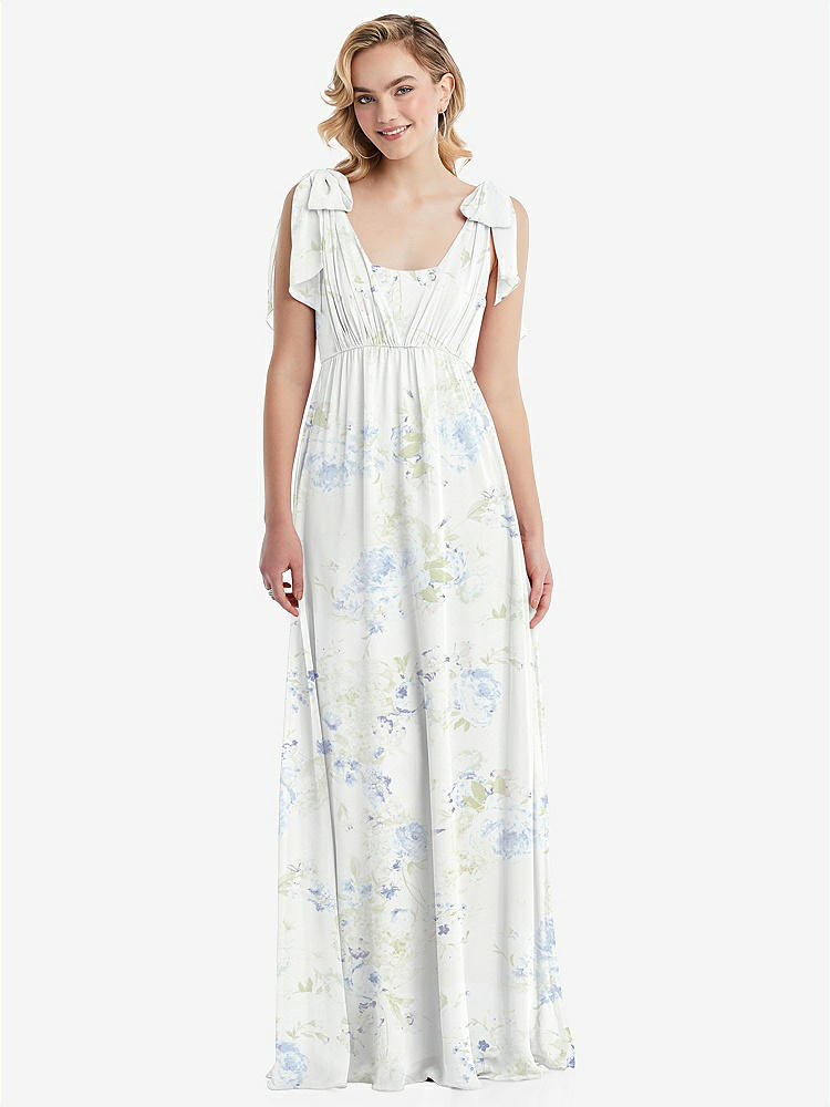 【NEW】【STYLE: TH095】エンパイア ウエスト シャイレッド スカート コンバーチブル サッシ ネクタイ マキシ ドレス【COLOR: Bleu Garden】【SIZE: 00-30W】