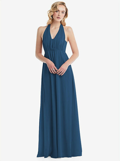 【STYLE: TH095】Empire Waist Shirred Skirt Convertible Sash Tie Maxi Dress【COLOR: Dusk Blue】