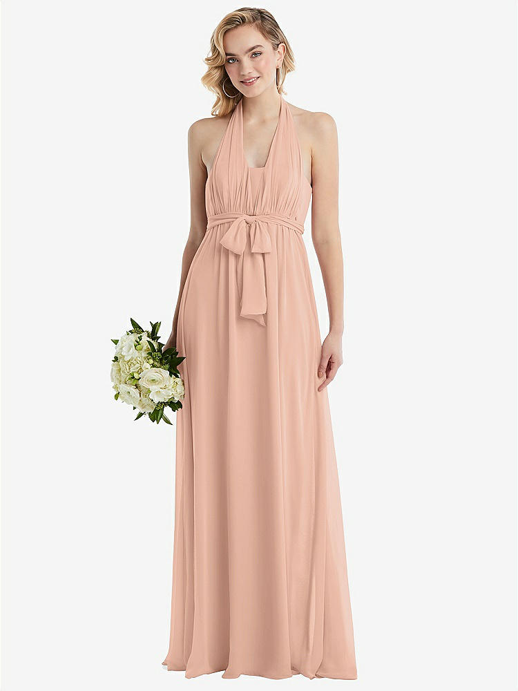 【STYLE: TH095】Empire Waist Shirred Skirt Convertible Sash Tie Maxi Dress【COLOR: Pale Peach】