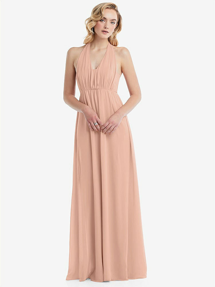 【STYLE: TH095】Empire Waist Shirred Skirt Convertible Sash Tie Maxi Dress【COLOR: Pale Peach】