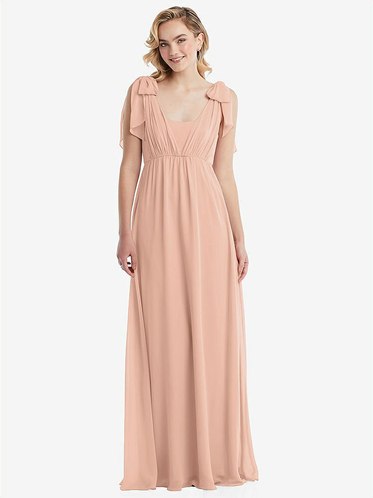 【STYLE: TH095】Empire Waist Shirred Skirt Convertible Sash Tie Maxi Dress【COLOR: Pale Peach】