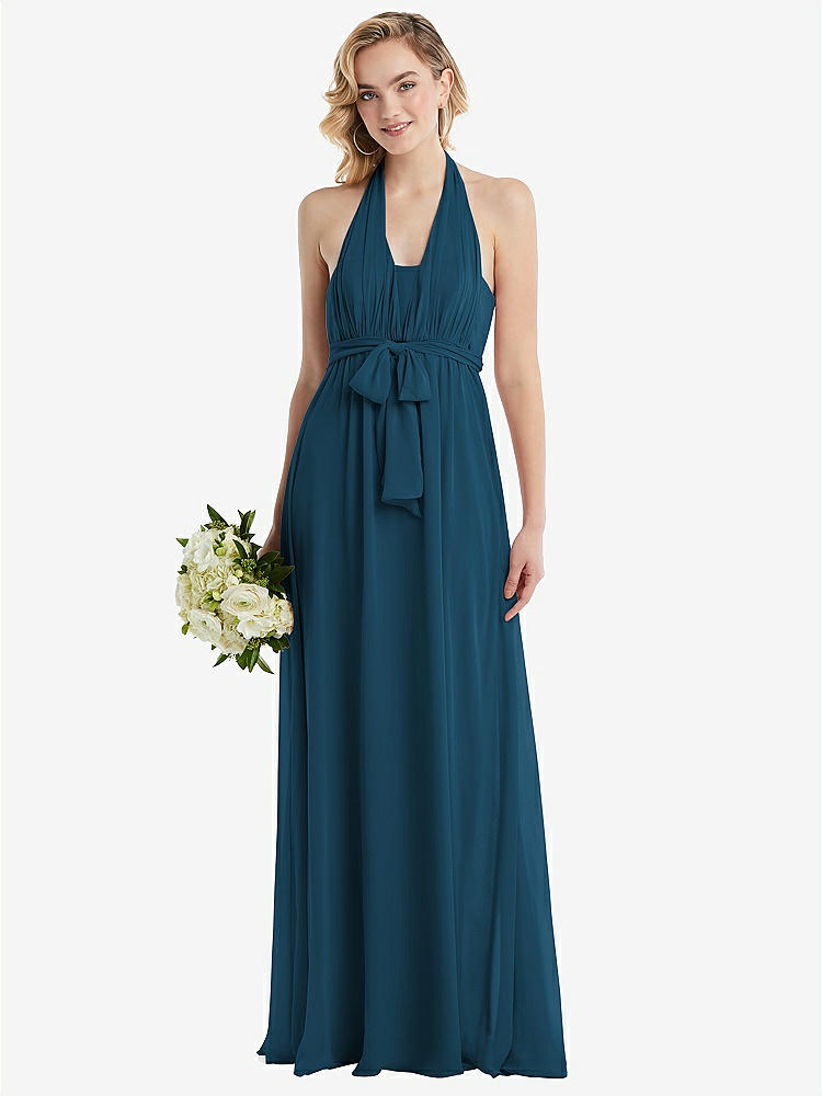 【STYLE: TH095】Empire Waist Shirred Skirt Convertible Sash Tie Maxi Dress【COLOR: Atlantic Blue】