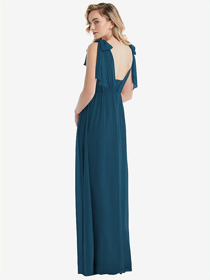 【STYLE: TH095】Empire Waist Shirred Skirt Convertible Sash Tie Maxi Dress【COLOR: Atlantic Blue】