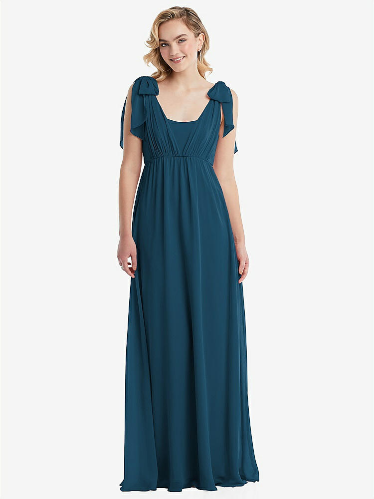 【STYLE: TH095】Empire Waist Shirred Skirt Convertible Sash Tie Maxi Dress【COLOR: Atlantic Blue】
