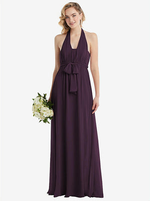 【STYLE: TH095】Empire Waist Shirred Skirt Convertible Sash Tie Maxi Dress【COLOR: Aubergine】