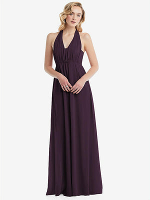 【STYLE: TH095】Empire Waist Shirred Skirt Convertible Sash Tie Maxi Dress【COLOR: Aubergine】