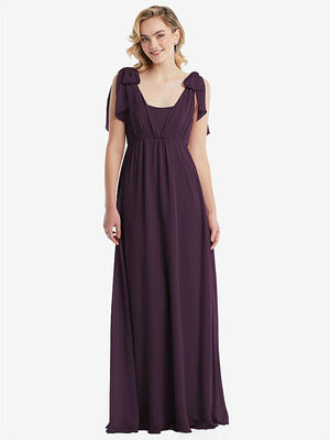 【STYLE: TH095】Empire Waist Shirred Skirt Convertible Sash Tie Maxi Dress【COLOR: Aubergine】