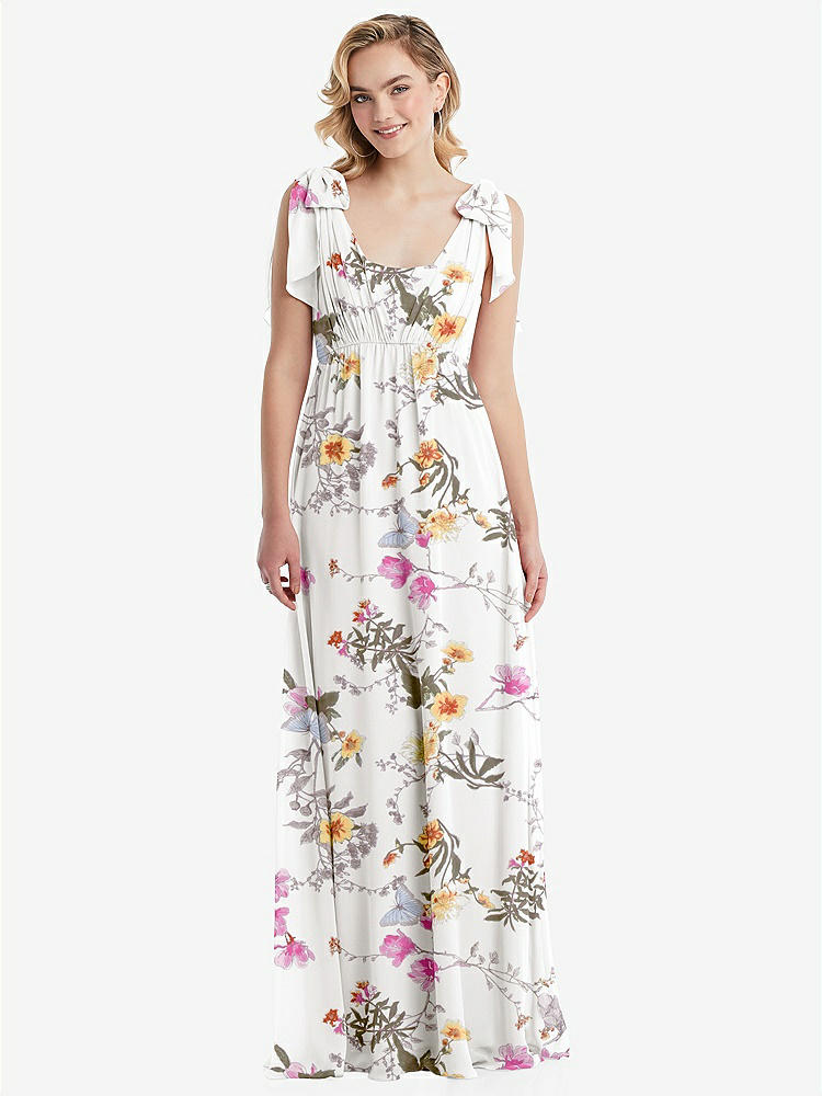 【STYLE: TH095】Empire Waist Shirred Skirt Convertible Sash Tie Maxi Dress【COLOR: Butterfly Botanica Ivory】