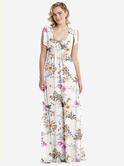 【STYLE: TH095】Empire Waist Shirred Skirt Convertible Sash Tie Maxi Dress【COLOR: Butterfly Botanica Ivory】