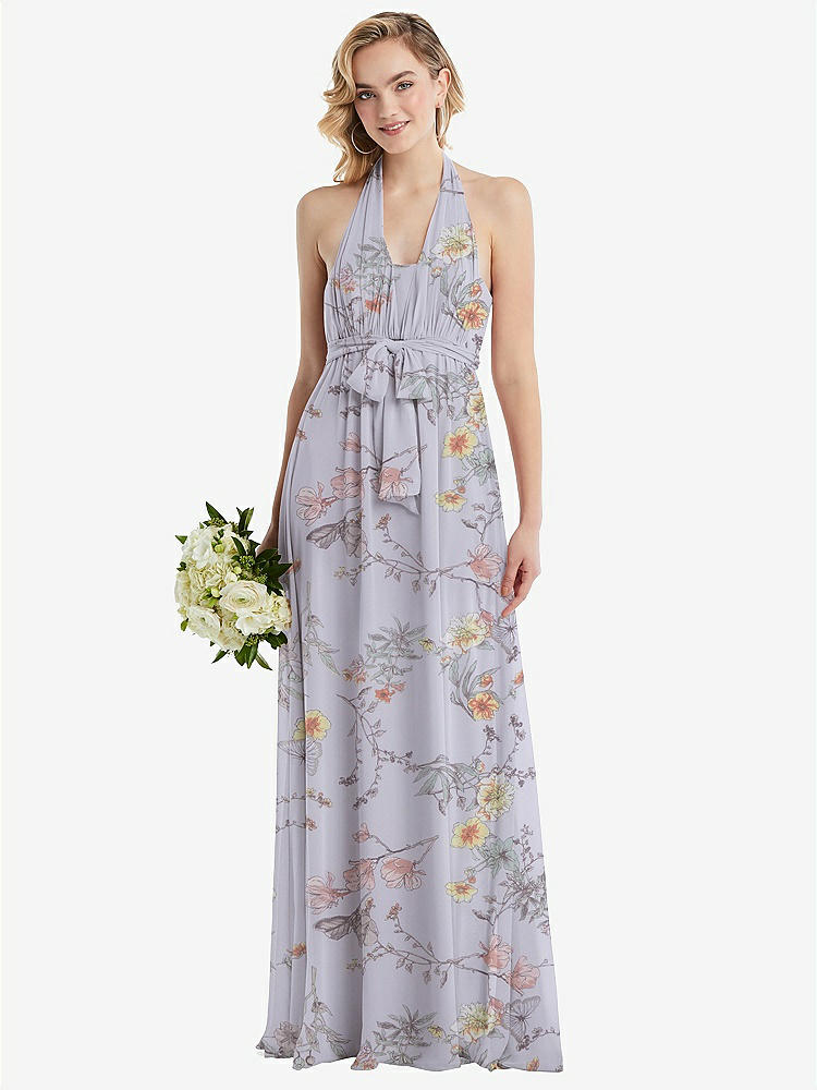 【STYLE: TH095】Empire Waist Shirred Skirt Convertible Sash Tie Maxi Dress【COLOR: Butterfly Botanica Silver Dove】