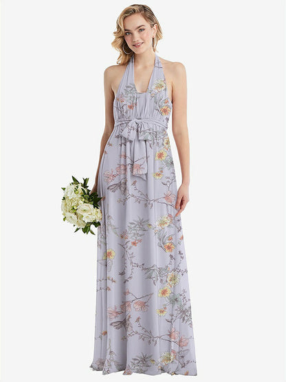 【STYLE: TH095】Empire Waist Shirred Skirt Convertible Sash Tie Maxi Dress【COLOR: Butterfly Botanica Silver Dove】
