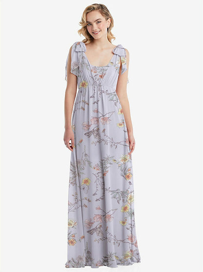 【STYLE: TH095】Empire Waist Shirred Skirt Convertible Sash Tie Maxi Dress【COLOR: Butterfly Botanica Silver Dove】