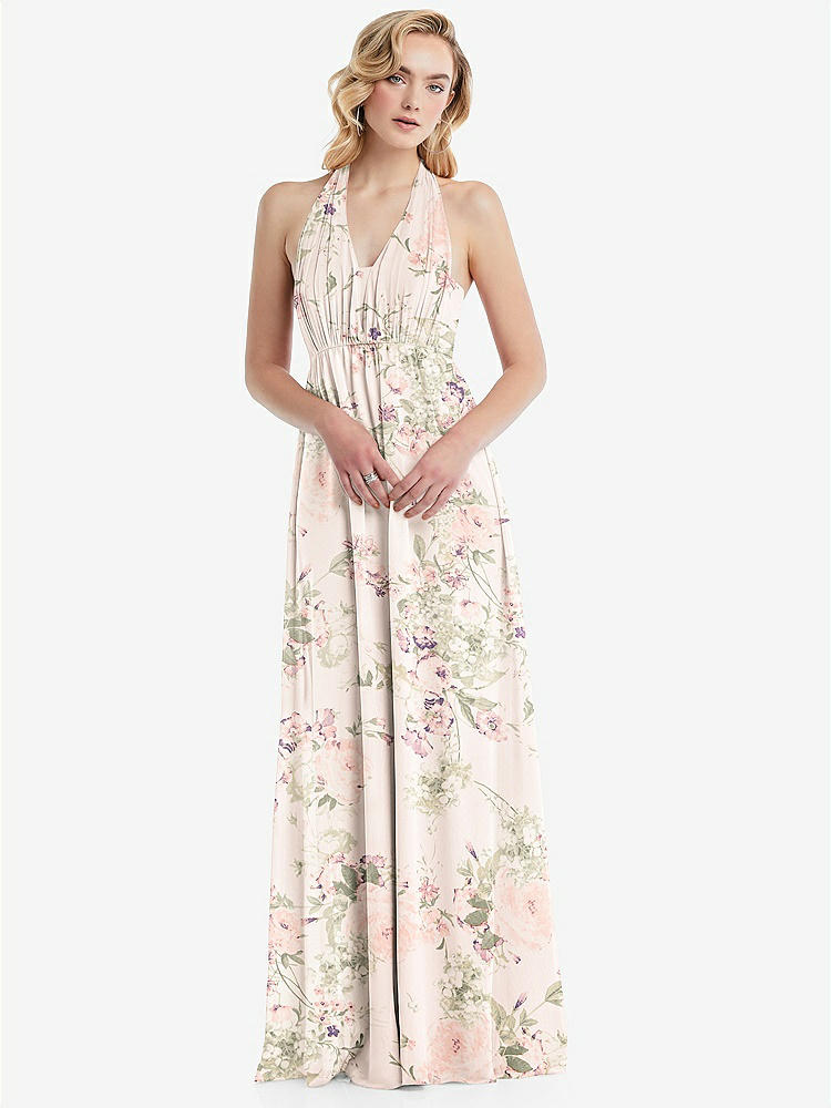 【STYLE: TH095】Empire Waist Shirred Skirt Convertible Sash Tie Maxi Dress【COLOR: Blush Garden】