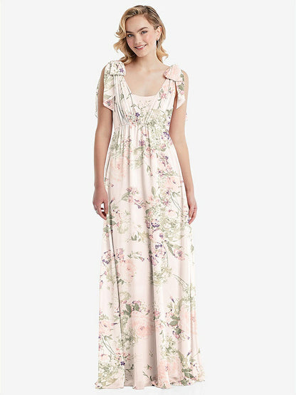 【STYLE: TH095】Empire Waist Shirred Skirt Convertible Sash Tie Maxi Dress【COLOR: Blush Garden】