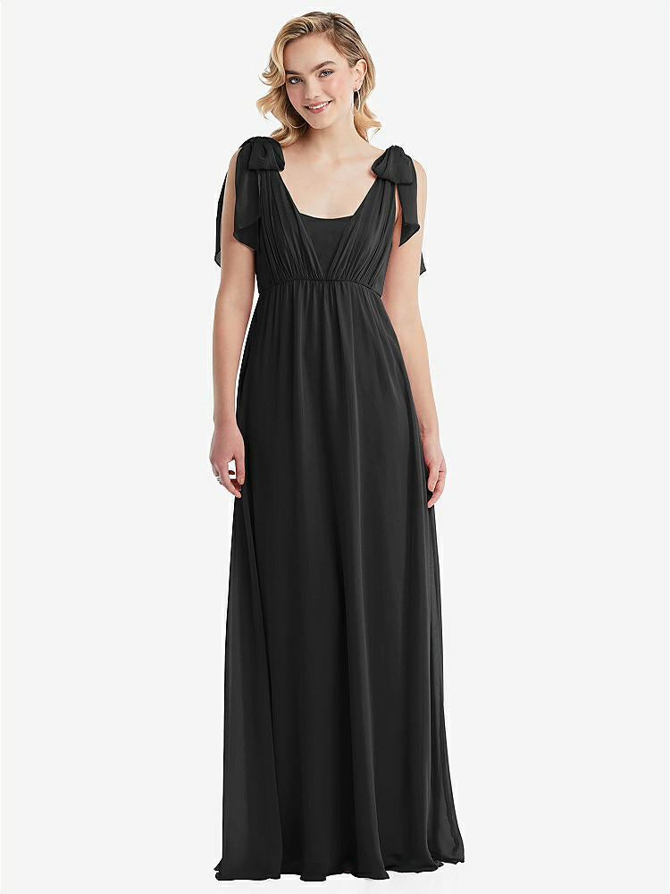 【STYLE: TH095】Empire Waist Shirred Skirt Convertible Sash Tie Maxi Dress【COLOR: Black】