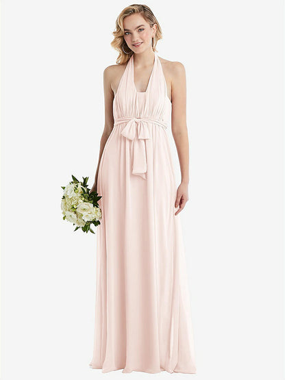 【NEW】【STYLE: TH095】エンパイア ウエスト シャイレッド スカート コンバーチブル サッシ ネクタイ マキシ ドレス【COLOR: Blush】【SIZE: 00-30W】