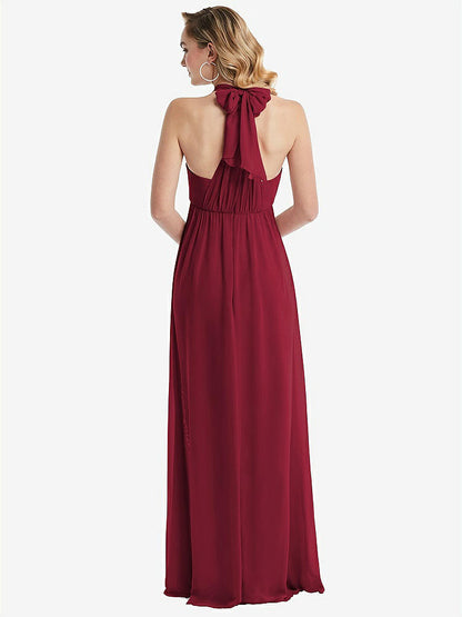 【STYLE: TH095】Empire Waist Shirred Skirt Convertible Sash Tie Maxi Dress【COLOR: Burgundy】