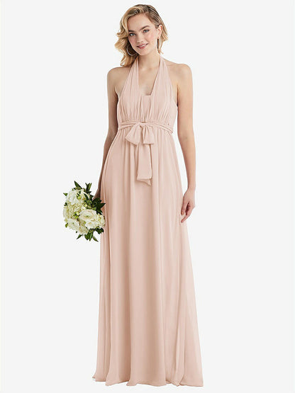 【NEW】【STYLE: TH095】エンパイア ウエスト シャイレッド スカート コンバーチブル サッシ ネクタイ マキシ ドレス【COLOR: Cameo】【SIZE: 00-30W】