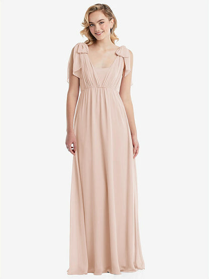 【NEW】【STYLE: TH095】エンパイア ウエスト シャイレッド スカート コンバーチブル サッシ ネクタイ マキシ ドレス【COLOR: Cameo】【SIZE: 00-30W】