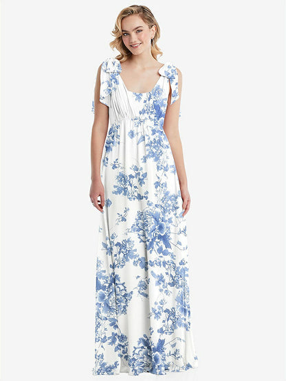 【NEW】【STYLE: TH095】エンパイア ウエスト シャイレッド スカート コンバーチブル サッシ ネクタイ マキシ ドレス【COLOR: Cottage Rose Dusk Blue】【SIZE: 00-30W】