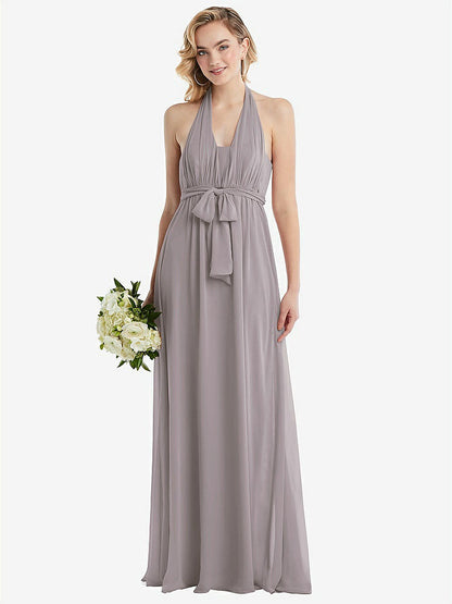 【STYLE: TH095】Empire Waist Shirred Skirt Convertible Sash Tie Maxi Dress【COLOR: Cashmere Gray】