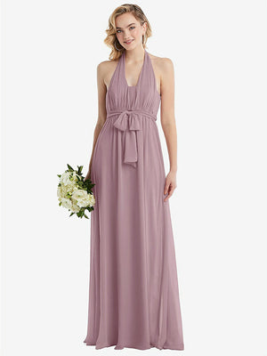 【STYLE: TH095】Empire Waist Shirred Skirt Convertible Sash Tie Maxi Dress【COLOR: Dusty Rose】