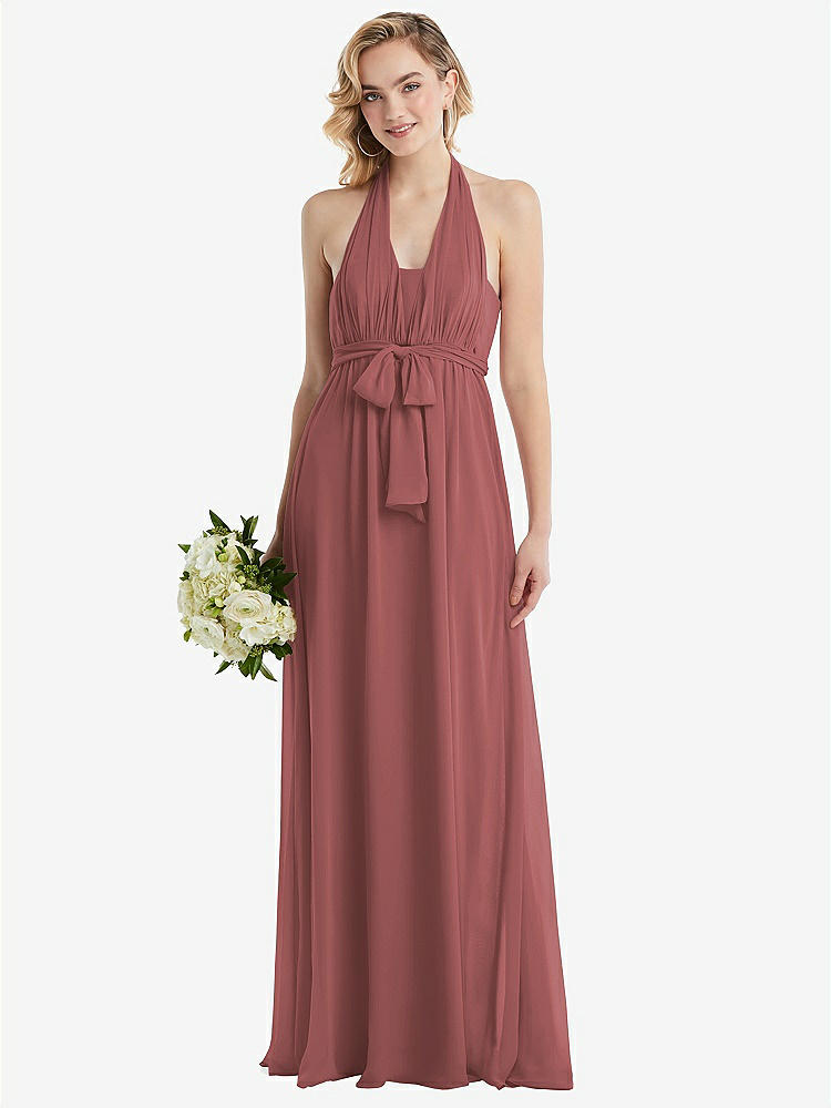 【NEW】【STYLE: TH095】エンパイア ウエスト シャイレッド スカート コンバーチブル サッシ ネクタイ マキシ ドレス【COLOR: English Rose】【SIZE: 00-30W】