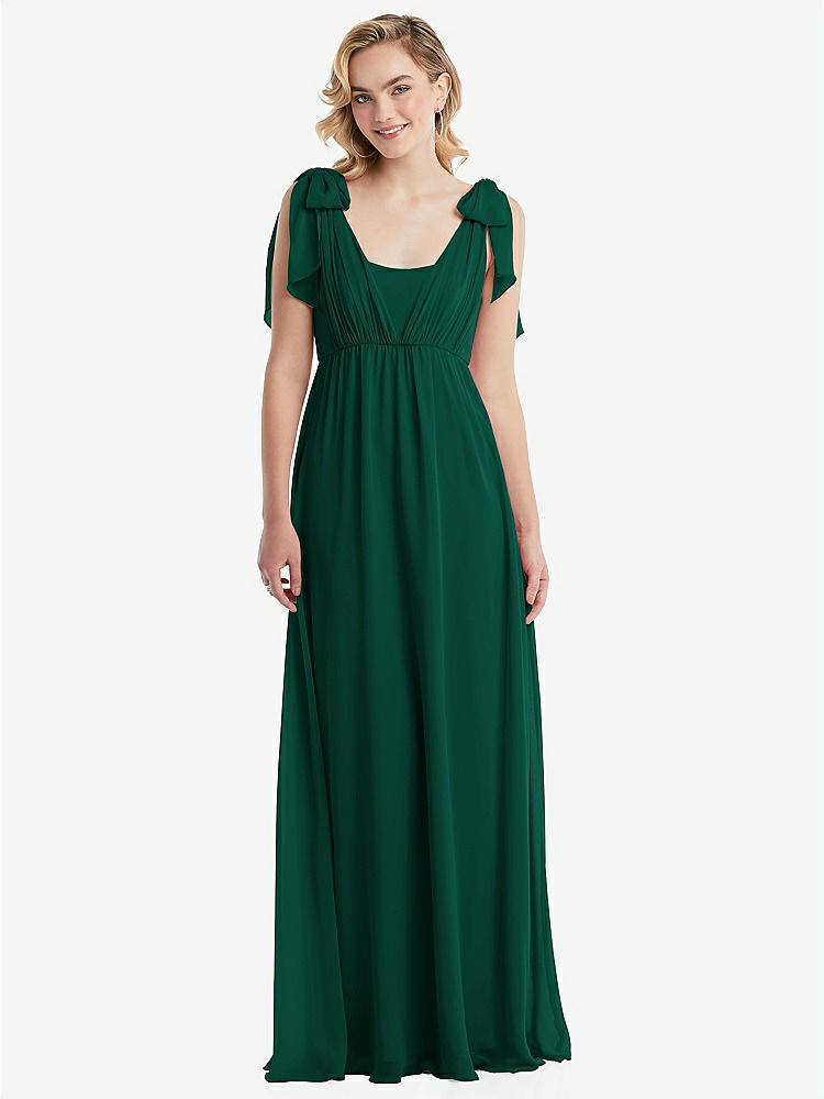 【STYLE: TH095】Empire Waist Shirred Skirt Convertible Sash Tie Maxi Dress【COLOR: Hunter Green】