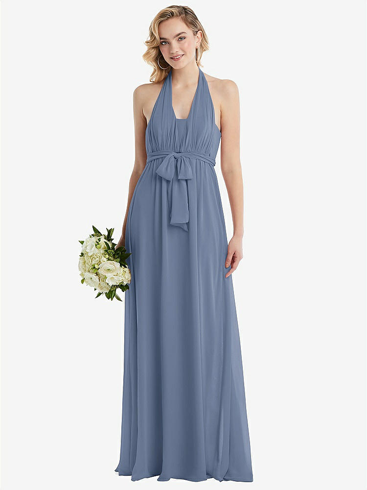 【STYLE: TH095】Empire Waist Shirred Skirt Convertible Sash Tie Maxi Dress【COLOR: Larkspur Blue】