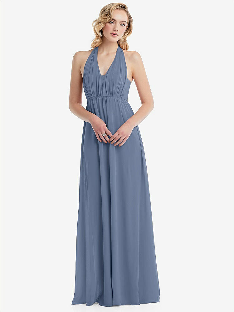 【STYLE: TH095】Empire Waist Shirred Skirt Convertible Sash Tie Maxi Dress【COLOR: Larkspur Blue】