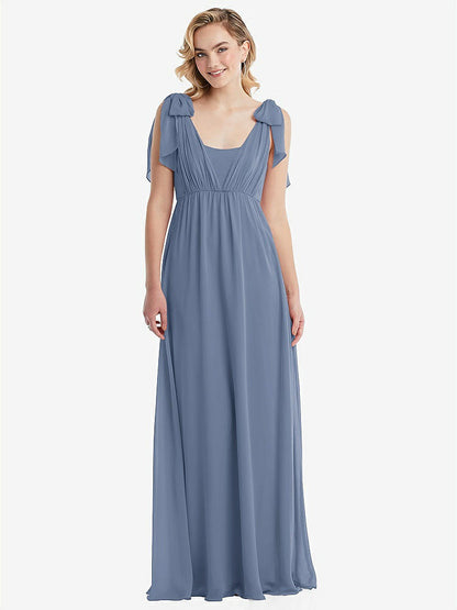 【STYLE: TH095】Empire Waist Shirred Skirt Convertible Sash Tie Maxi Dress【COLOR: Larkspur Blue】