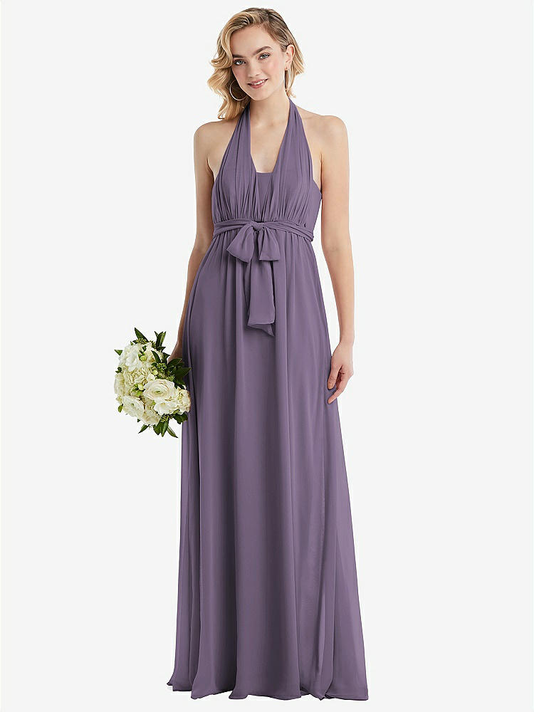 【NEW】【STYLE: TH095】エンパイア ウエスト シャイレッド スカート コンバーチブル サッシ ネクタイ マキシ ドレス【COLOR: Lavender】【SIZE: 00-30W】