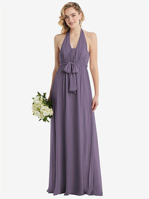 【STYLE: TH095】Empire Waist Shirred Skirt Convertible Sash Tie Maxi Dress【COLOR: Lavender】
