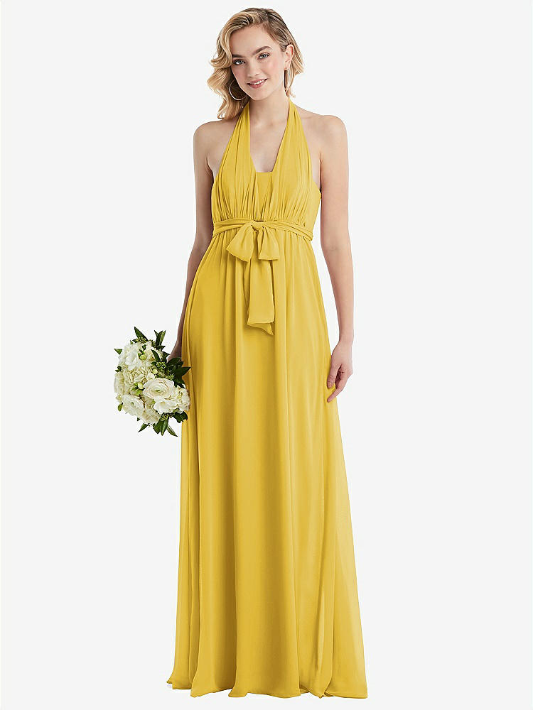 【NEW】【STYLE: TH095】エンパイア ウエスト シャイレッド スカート コンバーチブル サッシ ネクタイ マキシ ドレス【COLOR: Marigold】【SIZE: 00-30W】