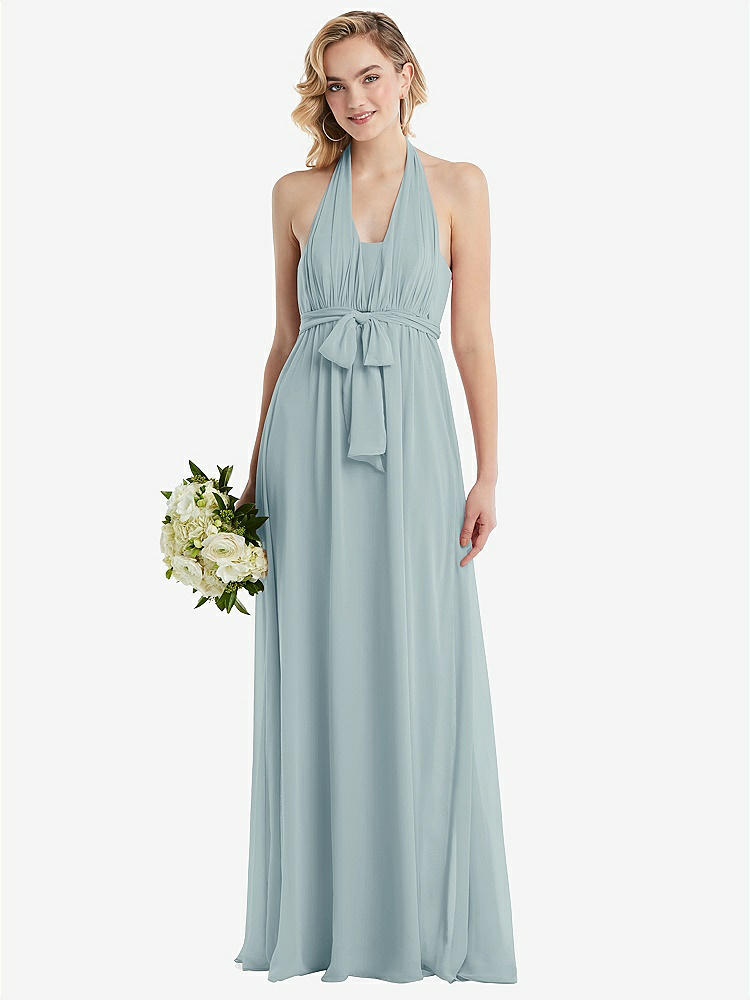 【NEW】【STYLE: TH095】エンパイア ウエスト シャイレッド スカート コンバーチブル サッシ ネクタイ マキシ ドレス【COLOR: Morning Sky】【SIZE: 00-30W】