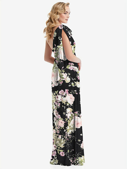 【STYLE: TH095】Empire Waist Shirred Skirt Convertible Sash Tie Maxi Dress【COLOR: Noir Garden】