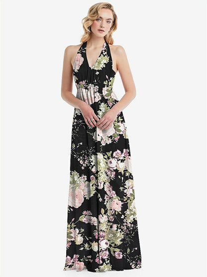 【STYLE: TH095】Empire Waist Shirred Skirt Convertible Sash Tie Maxi Dress【COLOR: Noir Garden】