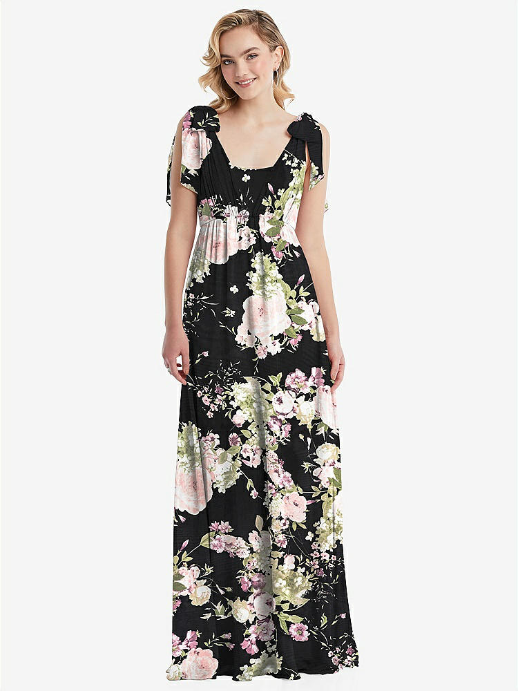 【NEW】【STYLE: TH095】エンパイア ウエスト シャイレッド スカート コンバーチブル サッシ ネクタイ マキシ ドレス【COLOR: Noir Garden】【SIZE: 00-30W】