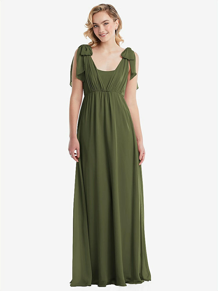 【STYLE: TH095】Empire Waist Shirred Skirt Convertible Sash Tie Maxi Dress【COLOR: Olive Green】