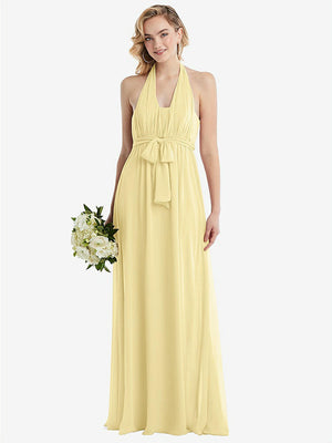 【STYLE: TH095】Empire Waist Shirred Skirt Convertible Sash Tie Maxi Dress【COLOR: Pale Yellow】