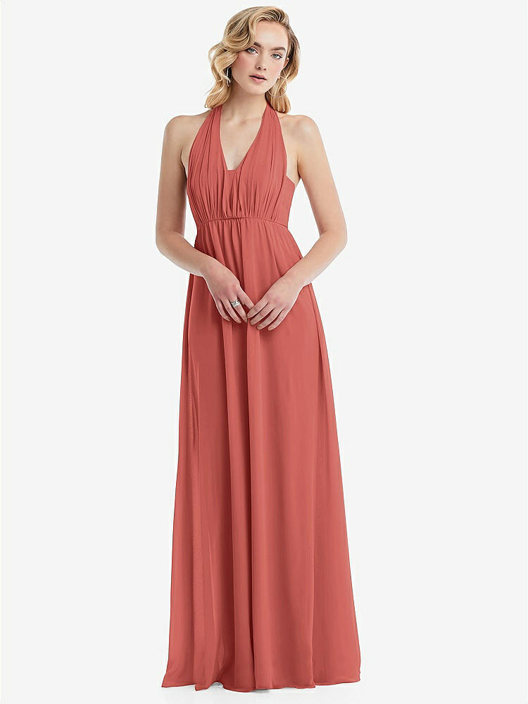 【NEW】【STYLE: TH095】エンパイア ウエスト シャイレッド スカート コンバーチブル サッシ ネクタイ マキシ ドレス【COLOR: Coral Pink】【SIZE: 00-30W】