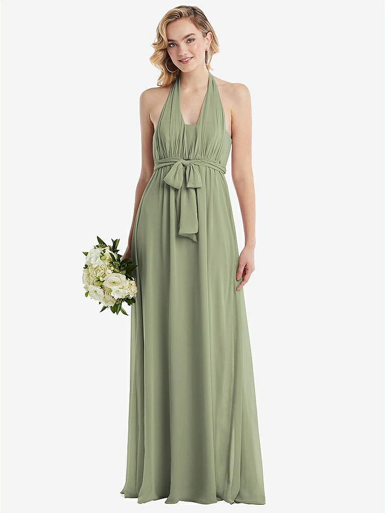【STYLE: TH095】Empire Waist Shirred Skirt Convertible Sash Tie Maxi Dress【COLOR: Sage】