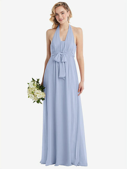 【NEW】【STYLE: TH095】エンパイア ウエスト シャイレッド スカート コンバーチブル サッシ ネクタイ マキシ ドレス【COLOR: Sky Blue】【SIZE: 00-30W】
