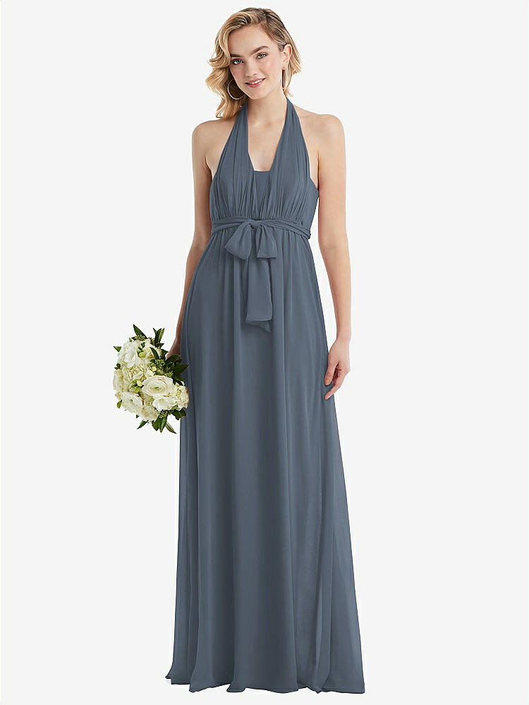 【STYLE: TH095】Empire Waist Shirred Skirt Convertible Sash Tie Maxi Dress【COLOR: Silverstone】