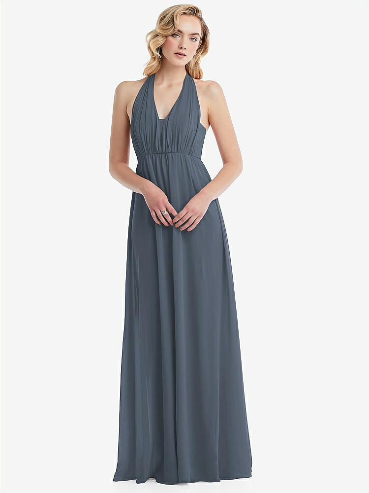 【STYLE: TH095】Empire Waist Shirred Skirt Convertible Sash Tie Maxi Dress【COLOR: Silverstone】
