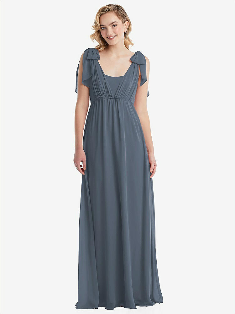 【STYLE: TH095】Empire Waist Shirred Skirt Convertible Sash Tie Maxi Dress【COLOR: Silverstone】