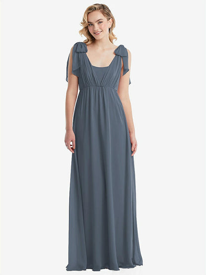 【STYLE: TH095】Empire Waist Shirred Skirt Convertible Sash Tie Maxi Dress【COLOR: Silverstone】